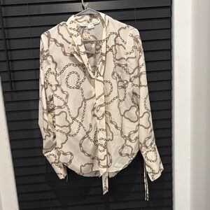 Veronica Beard Cream and Brown Chain Print Blouse